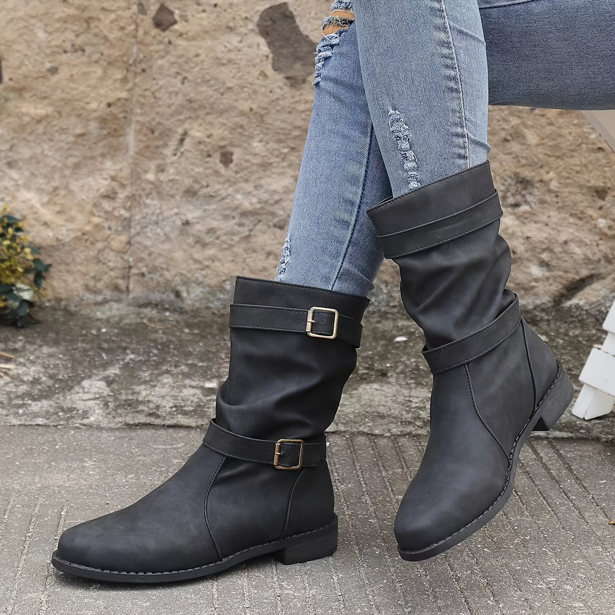 Women's Boots | Buckle | Vintage | Mid-Calf Boots | Slouchy Boots-Myra Lina