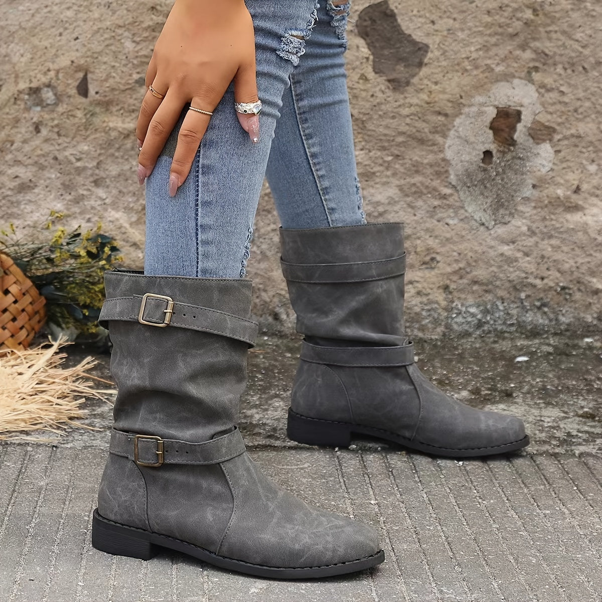 Women's Boots | Buckle | Vintage | Mid-Calf Boots | Slouchy Boots-Myra Lina