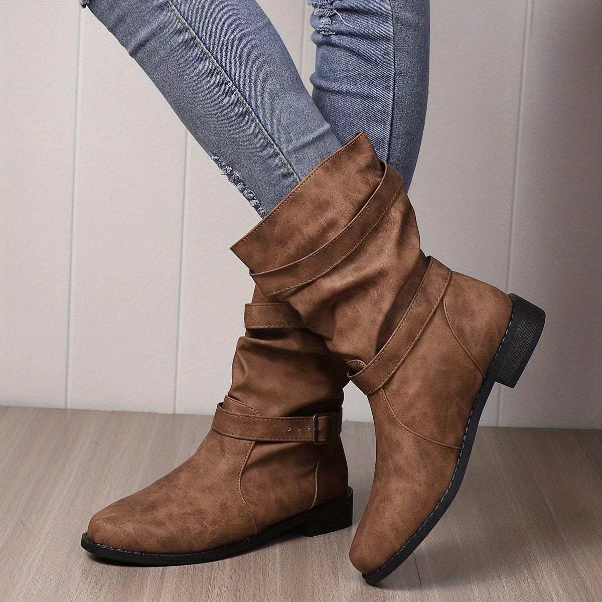 Women's Boots | Buckle | Vintage | Mid-Calf Boots | Slouchy Boots-Myra Lina