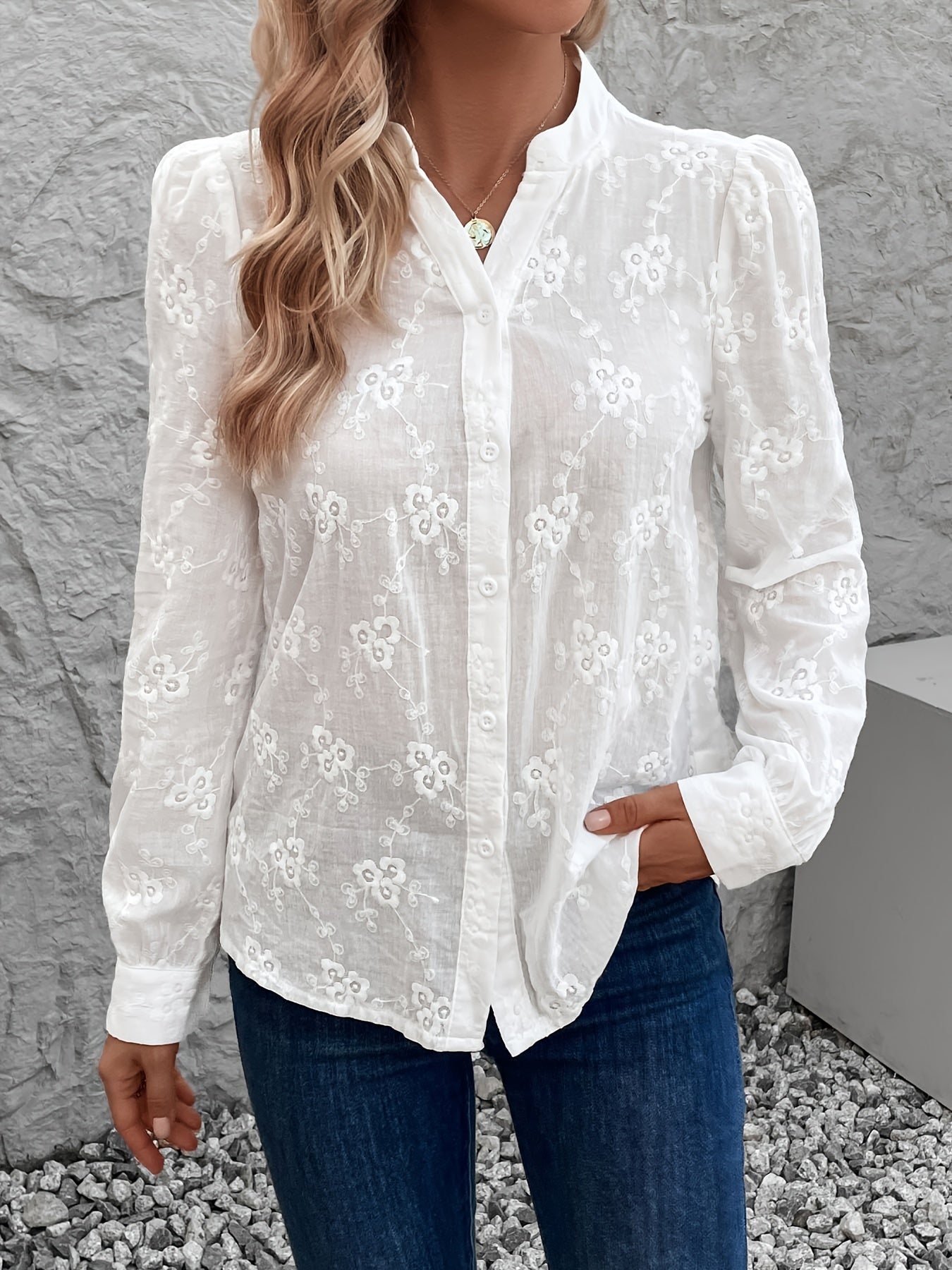 Women's Shirt – Embroidered – Long Sleeve – White Shirt – Button-Up Blouse-Myra Lina