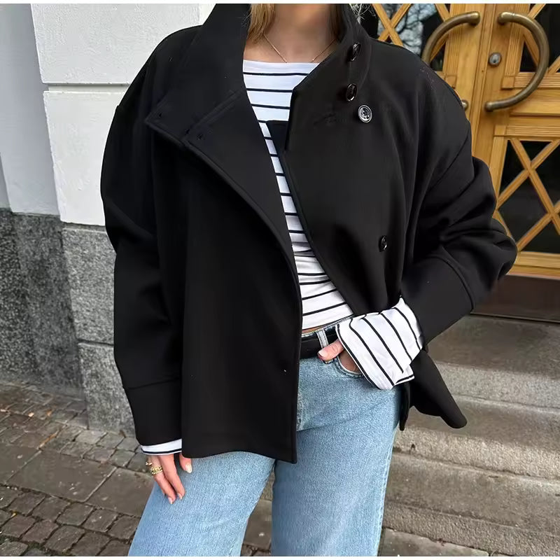 Wool Blend Jacket – Short Double-Breasted Wool Blend Coat for Women-Myra Lina