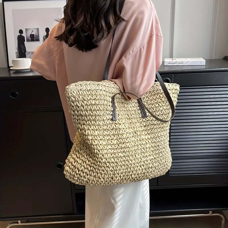 Woven Bag – Shopper Tote Bag in Woven Fabric for Women with Faux Leather Straps-Myra Lina