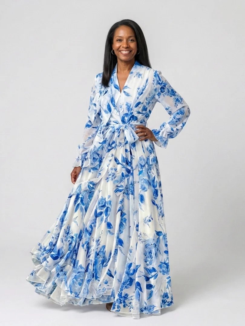Wrap Maxi Dress | Floral | Long Sleeve | Tie Waist-Myra Lina