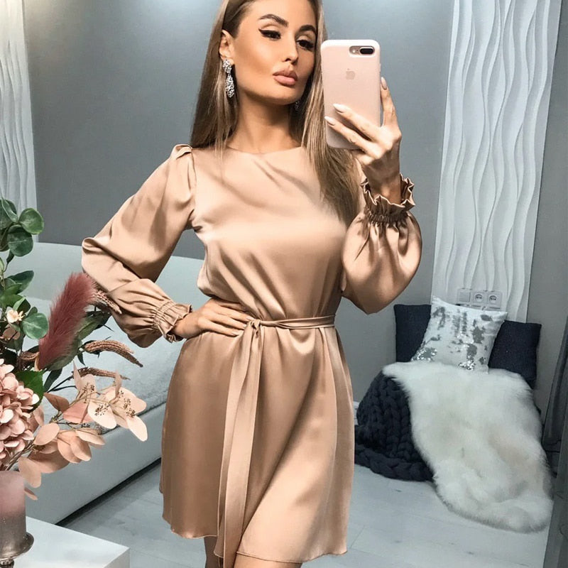 Satin Dress | Long Sleeve Mini | Tie Waist | Boat Neck-Myra Lina