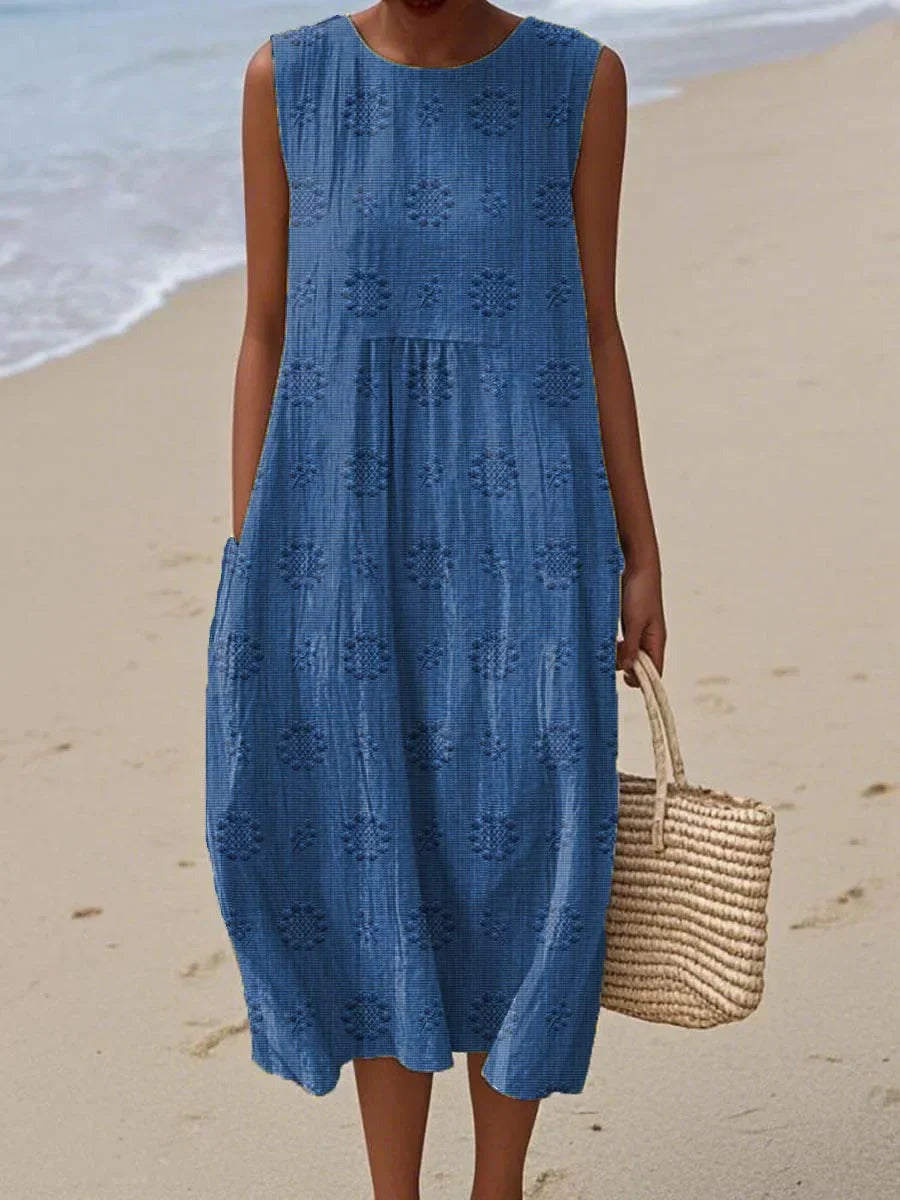 Summer Dress | Sleeveless Midi | Textured | Side Pockets-Myra Lina